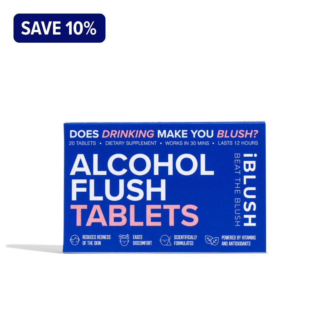 Alcohol Flush Tablets packaging with 10% promotional text on a white background