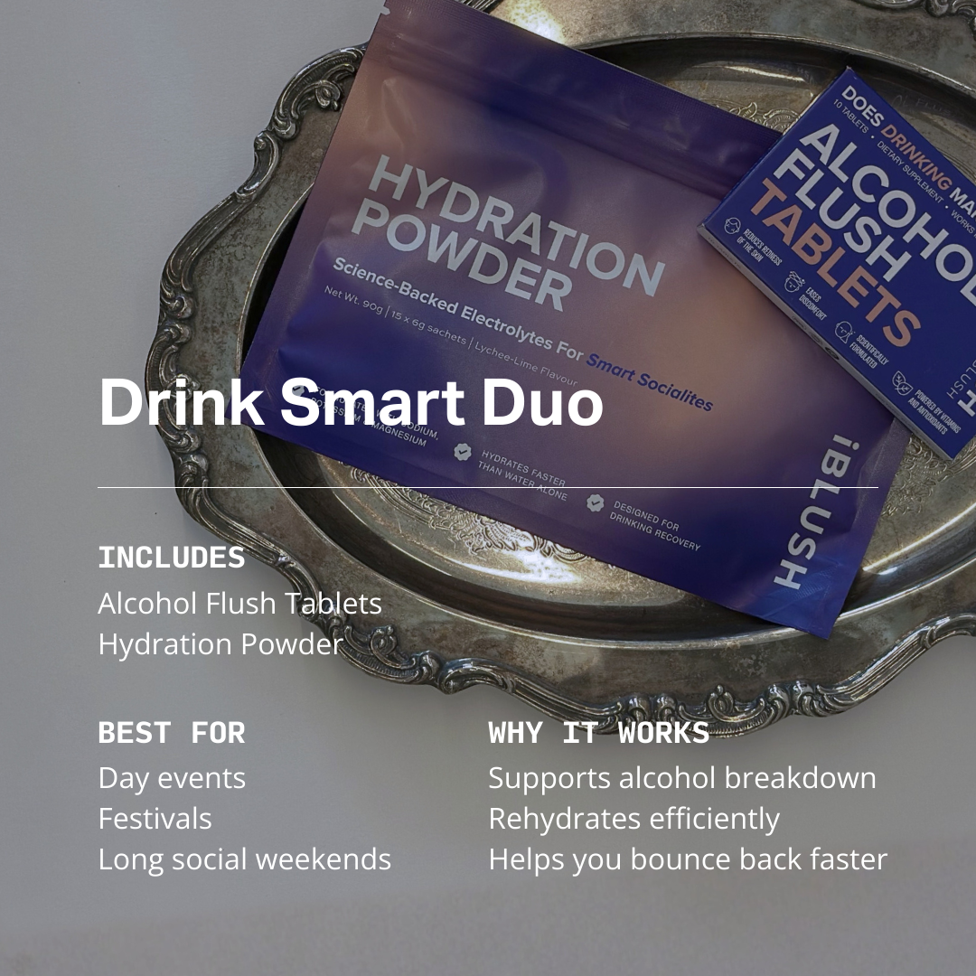 Drink Smart Duo packaging with hydration powder and alcohol flush tablets on a decorative tray.