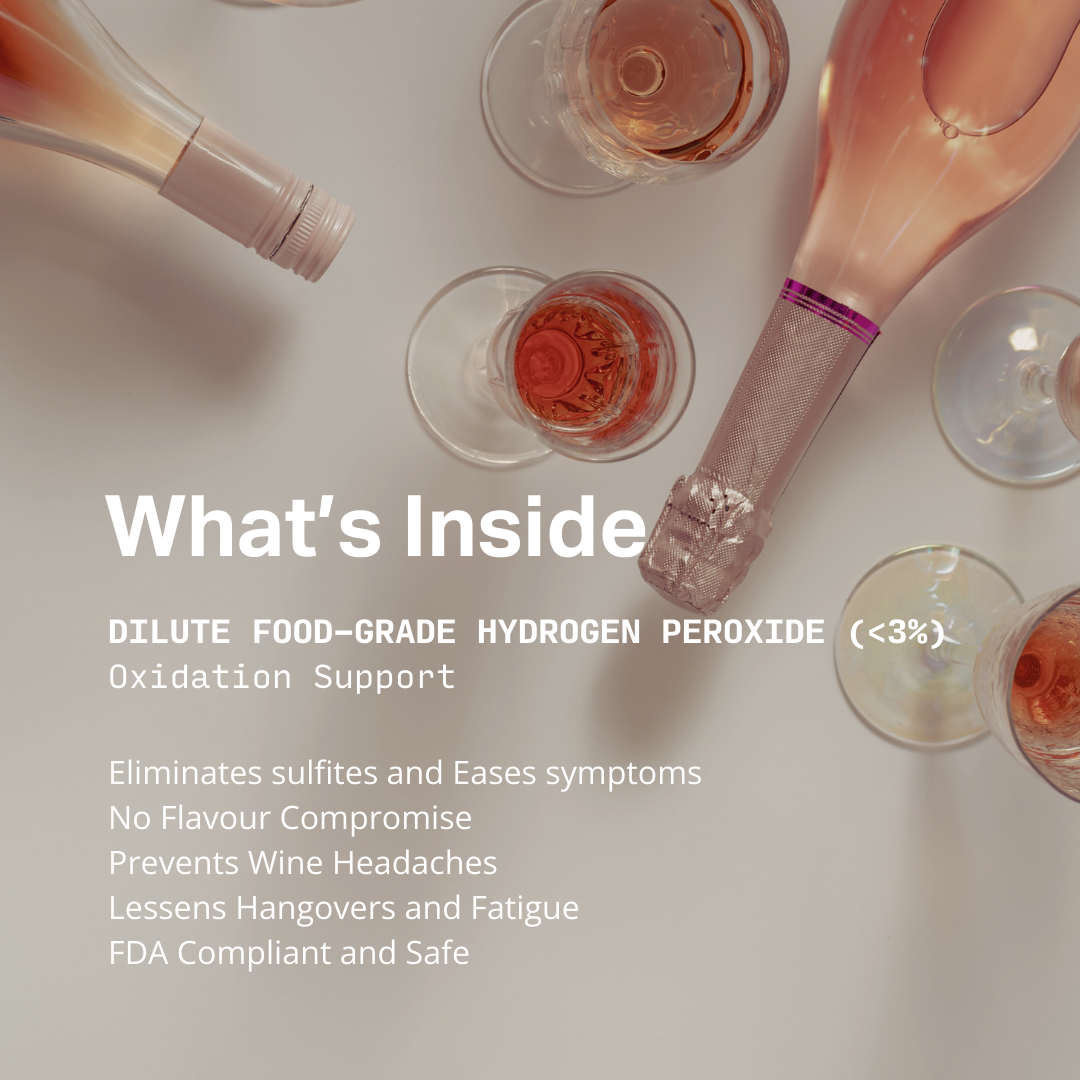 Bottles and glasses of rose wine with text about dilute food-grade hydrogen peroxide on a light background.