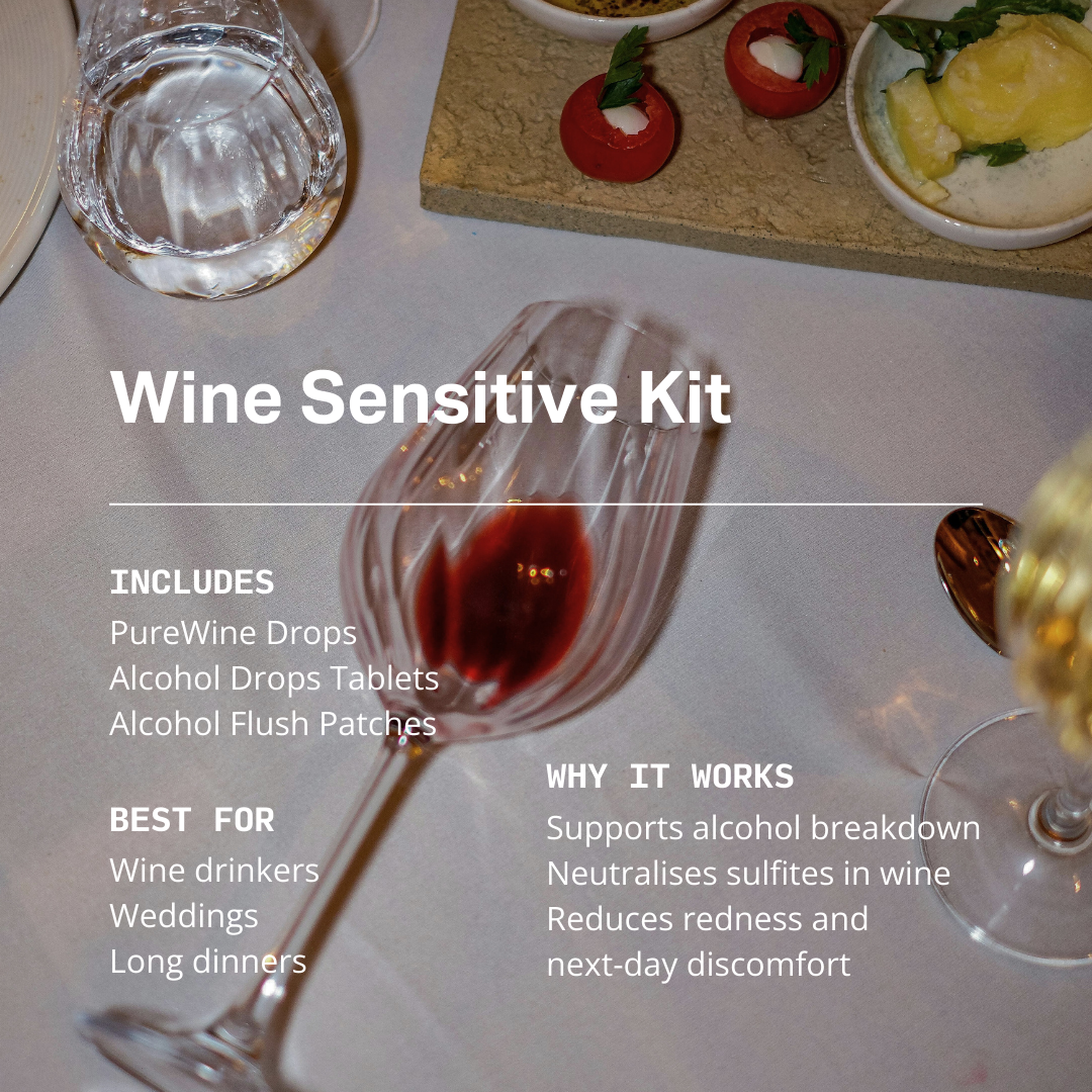 Wine Sensitive Kit advertisement with a wine glass and food on a table.