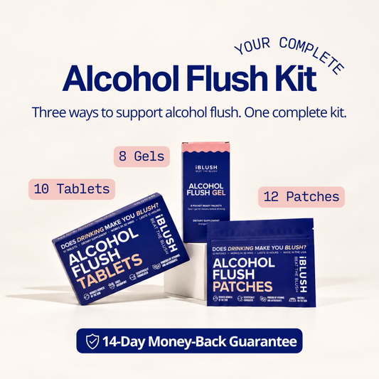 iBlush Alcohol Flush Starter Kit containing 10 tablets, 12 patches and 8 gels, with a 14-day money-back guarantee.