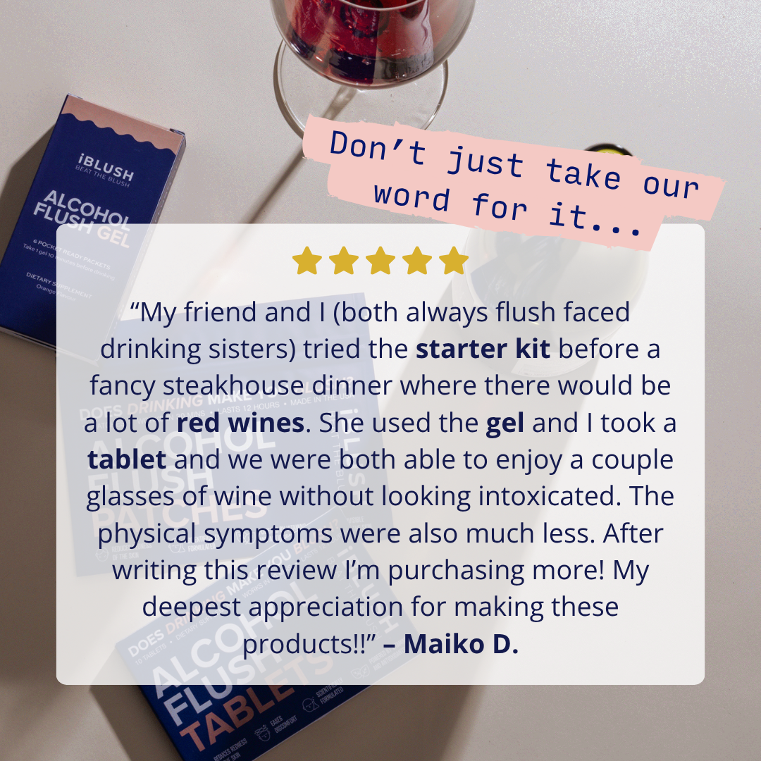 Five-star customer review of the iBlush Starter Kit describing a positive experience using alcohol flush tablets and gels before a dinner.