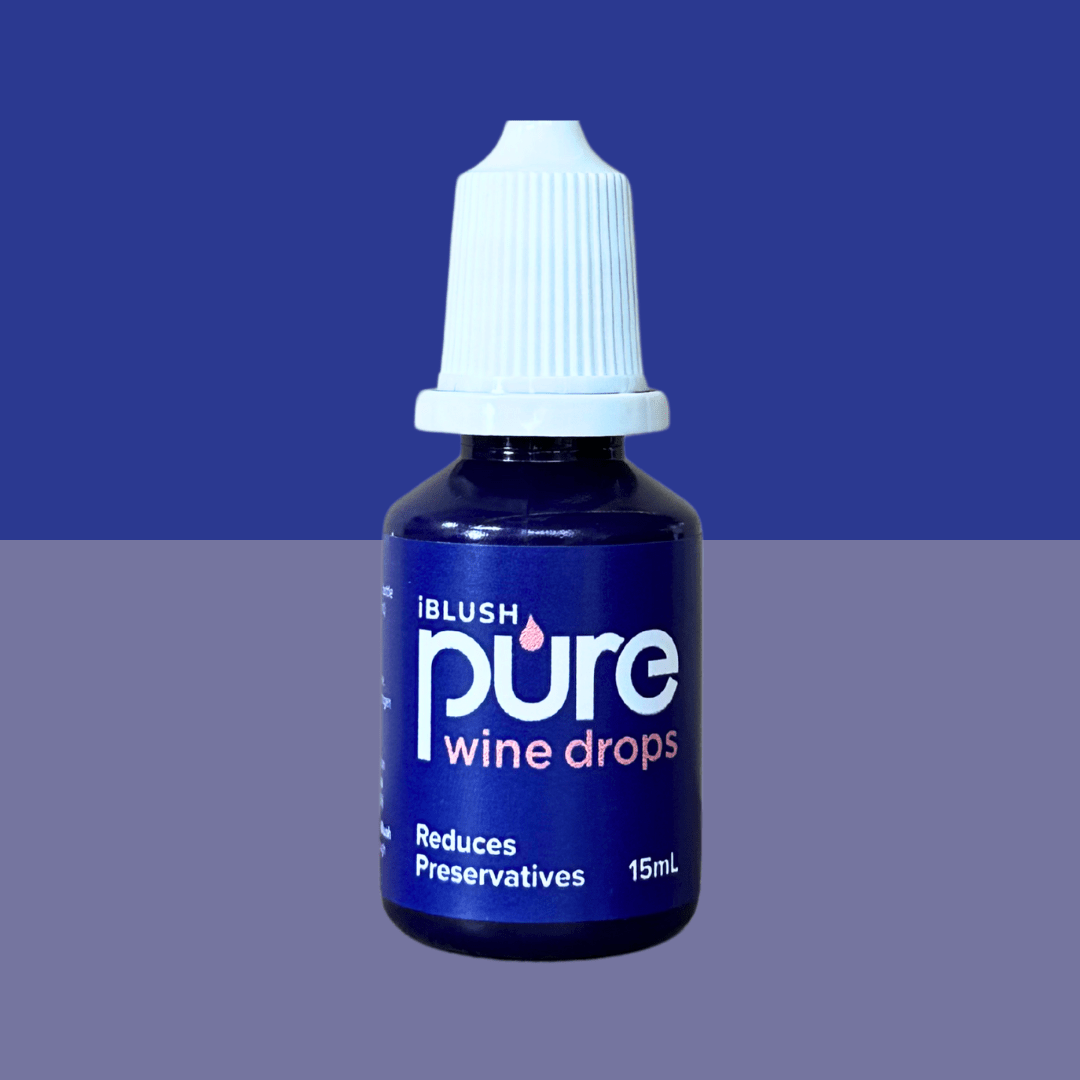 Bottle of 'pure wine drops' with a blue label on a gradient background