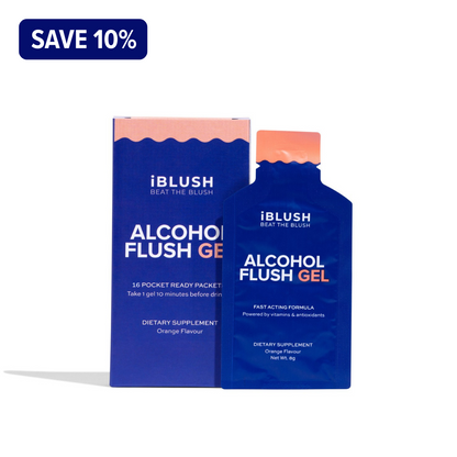 iBlush alcohol flush gel packaging and product on white background