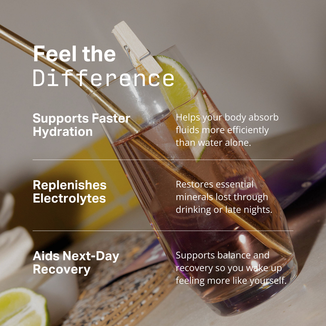 iMage describing the difference from using iBlush Hydration Powder electrolytes after drinking on a night out