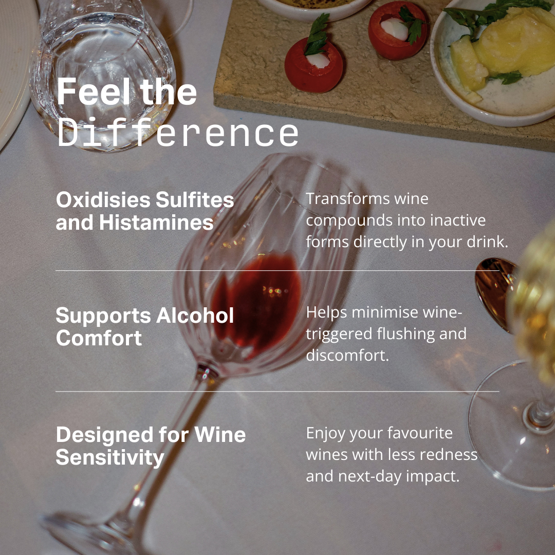 Wine glasses with red wine and white wine, accompanied by a text overlay about product benefits.