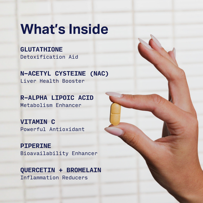 Close-up of a woman holding a single iBLUSH tablet with a list of ingredients that support alcohol metabolism and overall wellness.