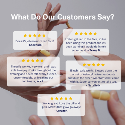 Customer testimonials showcasing positive experiences with iBLUSH Alcohol Flush Tablets and their effectiveness.