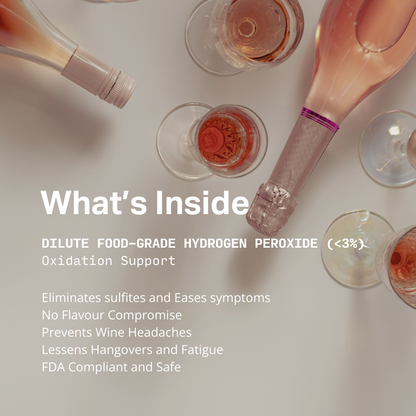 Bottles and glasses of rose wine with text about dilute food-grade hydrogen peroxide on a light background.