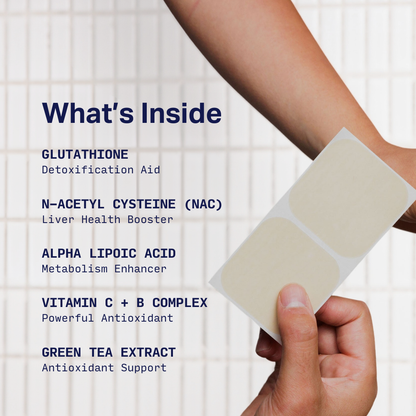 Images showing iBLUSH patches 2-pack with list of ingredients and how they help to reduce asian glow and hangovers. 