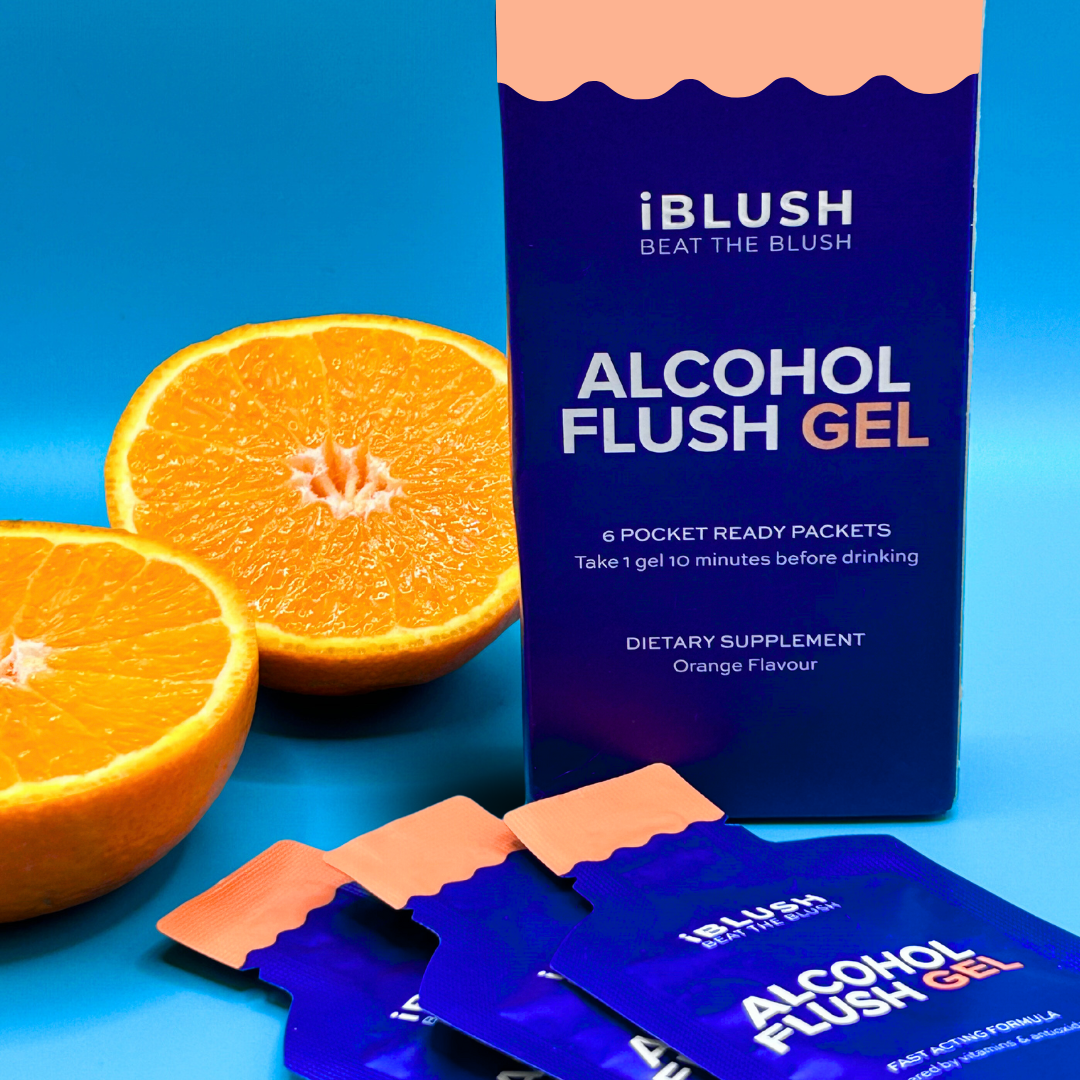 iBlush Alcohol Flush Gel box and individual packet displayed together, showcasing the product's premium packaging.