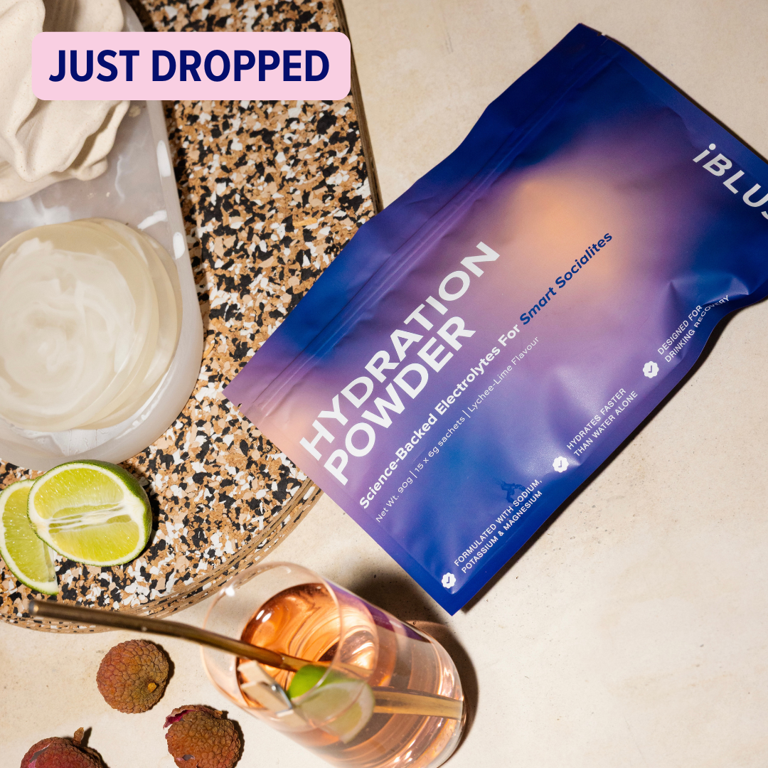 Just Dropped - iBlush Hydration Powder - Electrolytes. Image of product packaging with 
