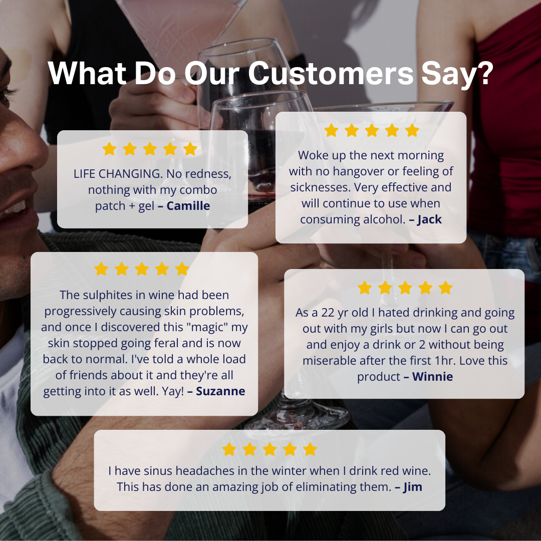 Five-star reviews from customers on a blurred background of people enjoying drinks.