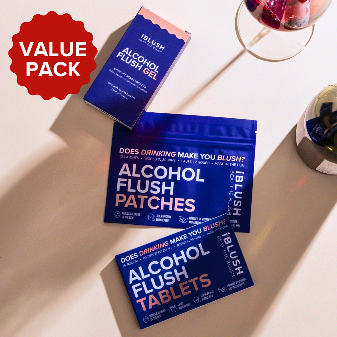 Side-by-side display of the iBlush Starting Out Bundle, featuring the Alcohol Flush Gel, Tablets, and Patch, offering complete alcohol flush support in one package.