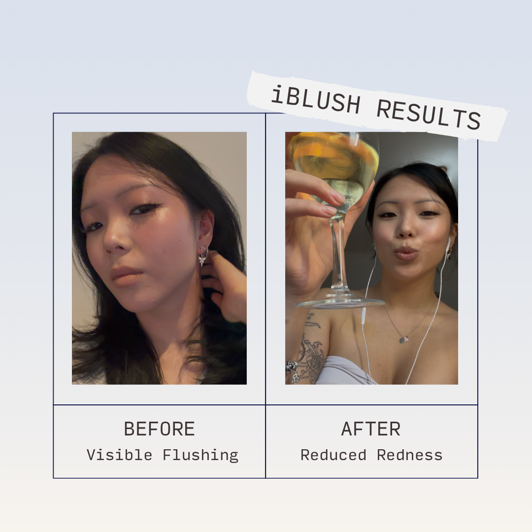 Before-and-after customer photos showing a woman with flushed cheeks in the first image and a less red complexion in the second.