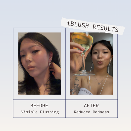 Before-and-after customer photos showing a woman with flushed cheeks in the first image and a less red complexion in the second.