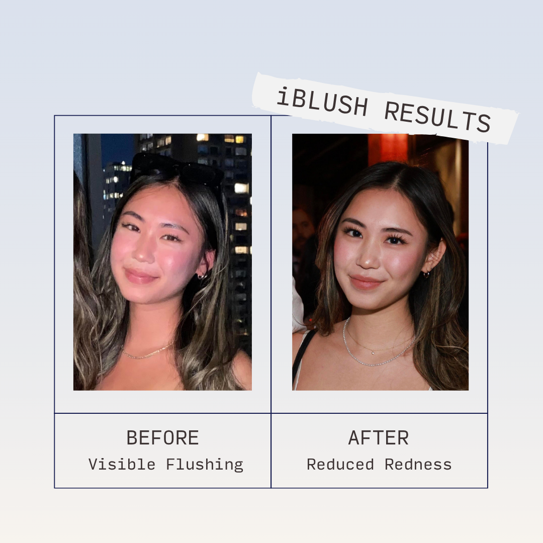 Customer before-and-after comparison showing facial redness in the first photo and the same woman holding a wine glass in the second.