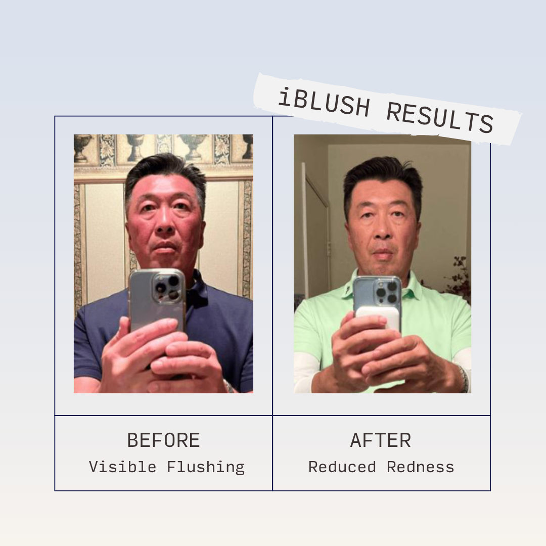 Customer-submitted before-and-after photos of a man showing visible facial flushing in the first image and less redness in the second.