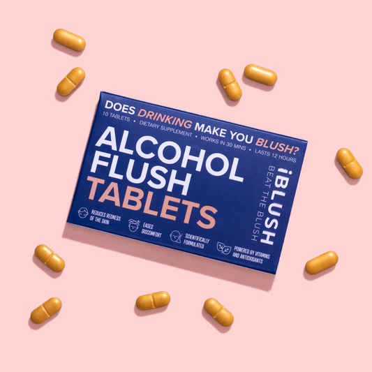 flat lay image of iblush alcohol flush reduction tablets alongside packaging design