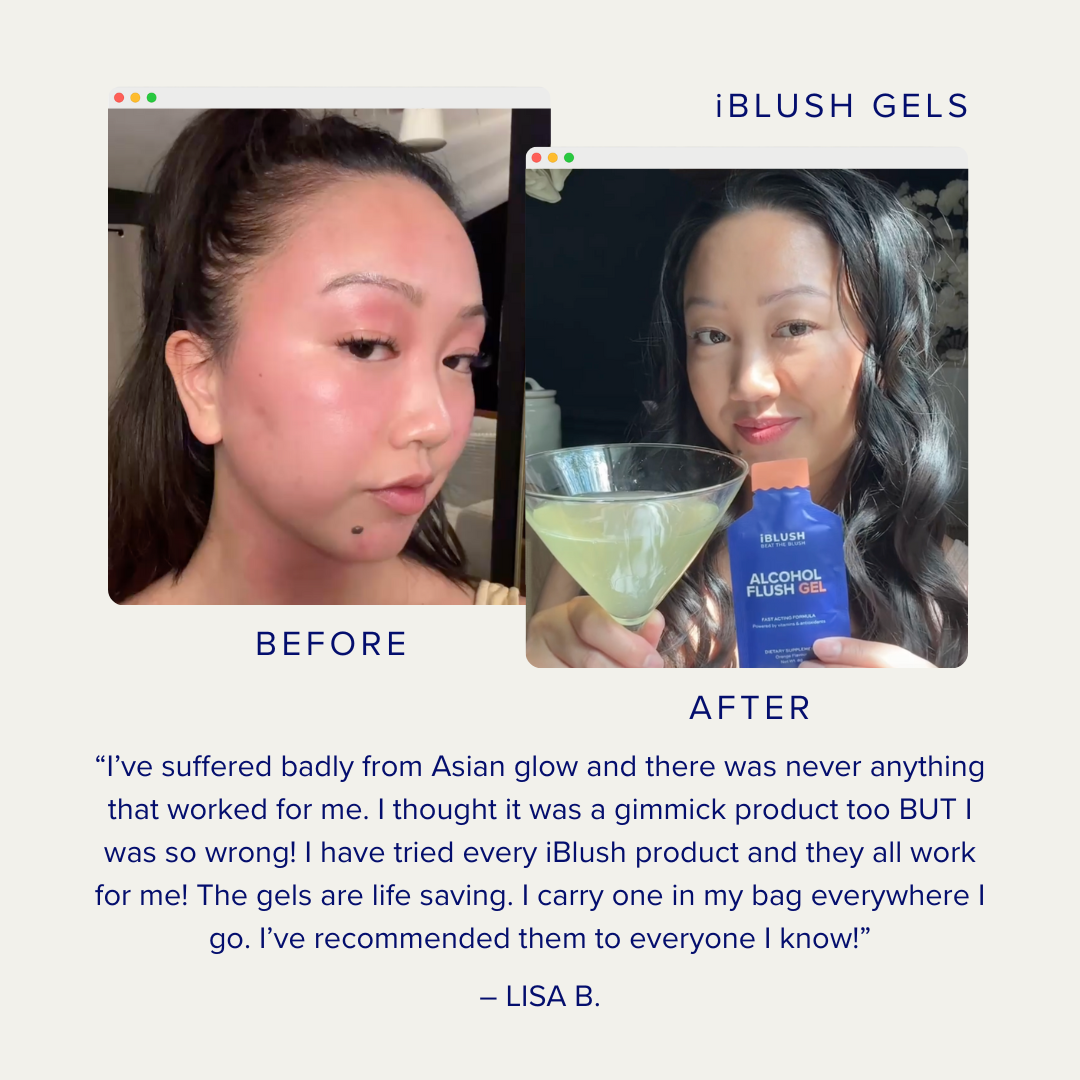 Before and after photo of customer using iBlush Alcohol Flush Gel showing reduced redness and glowing skin.