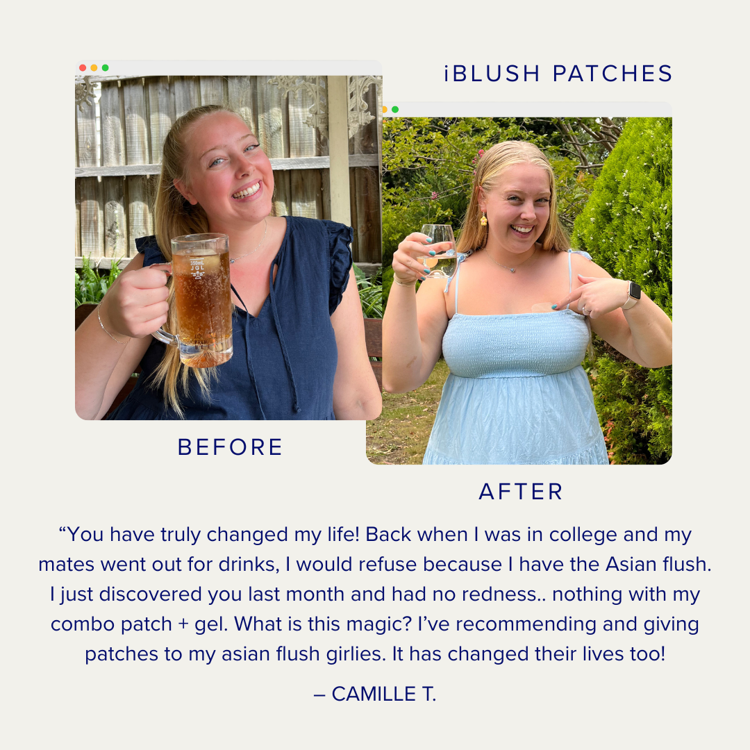 Customer testimonial showing before and after results using iBlush Alcohol Flush Patches with no redness after drinking.