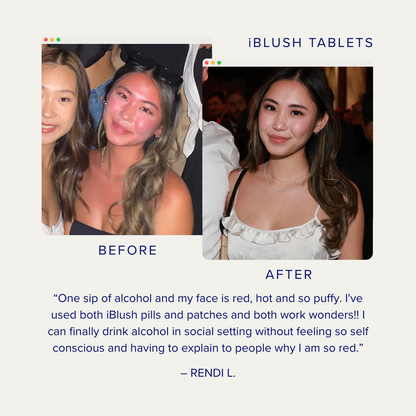 Customer before and after using iBlush Alcohol Flush Tablets showing visible reduction in facial redness after drinking.