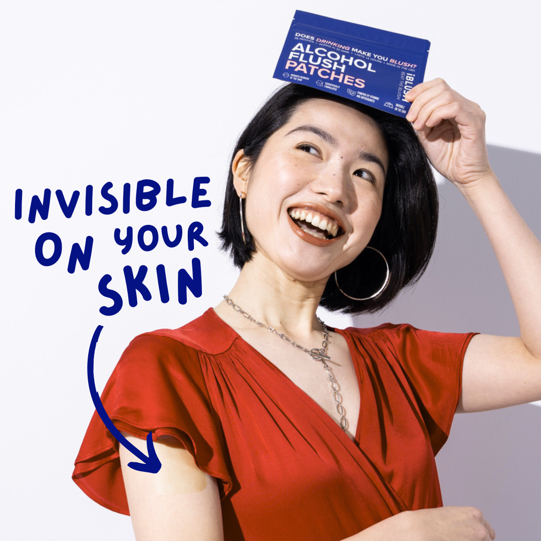 Demonstration of model wearing the iblush alcohol flush patch invisible on the skin. 