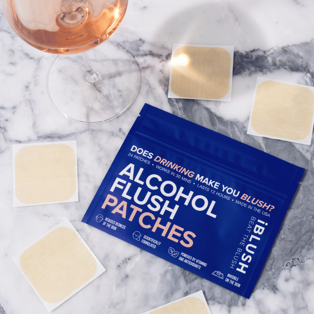 iblush alcohol flush reduction patch laid flat on marble bench with packaging design