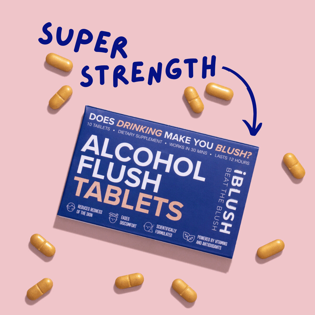 Image of iBlush alcohol flush tablets with both packaging and tablet designed to reduce asian glow. 