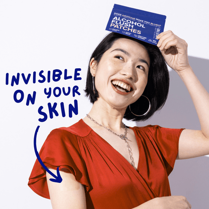 Woman holding a box of alcohol patch with text 'Invisible on your skin' on a white background