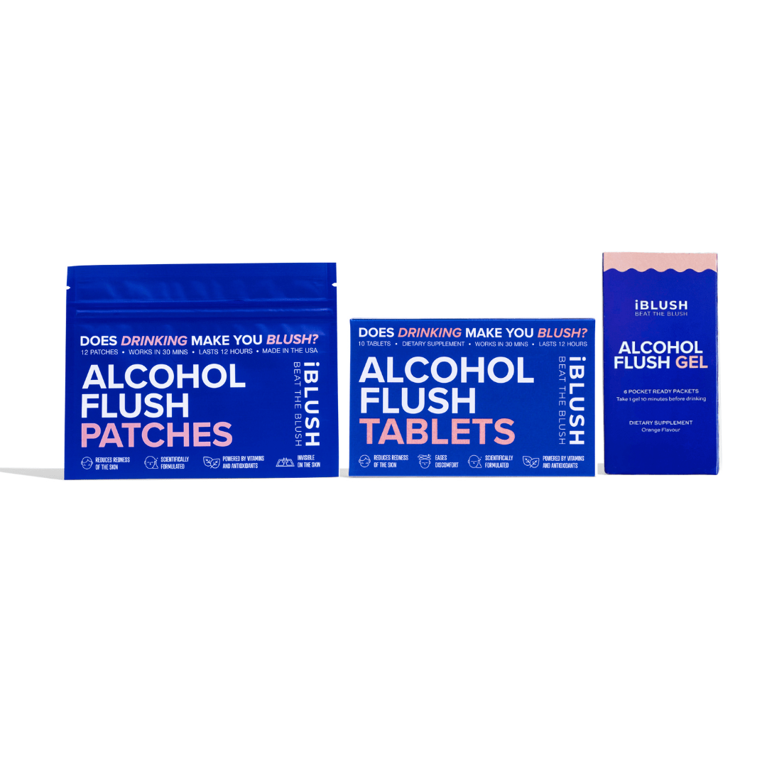 iBlush Alcohol and Asian Flush Patches, Tablets and Gels packets together
