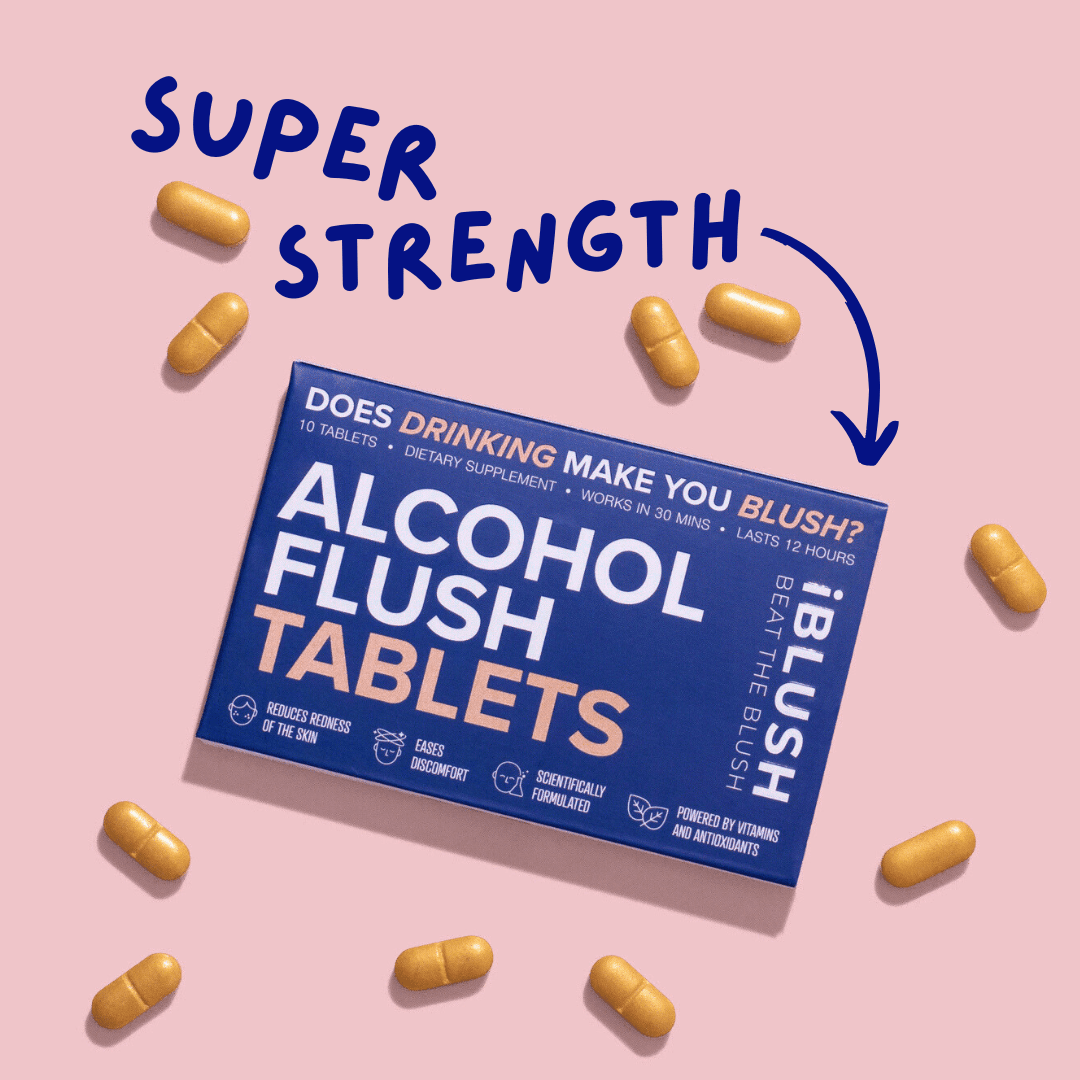 Alcohol flush tablets packaging with scattered Asian Flush Pills on a pink background