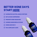 PureWine drops with the title “Better wine days start here,” featuring benefit call-outs about sulfite reduction, headache prevention, and allergy relief for wine lovers.