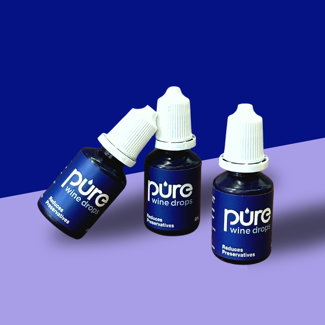 PureWine drops packaging on a coloured background, sulfite-reducing drops for wine to prevent headaches and allergic reactions.